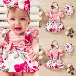 Unutiylo Preemie Newborn Baby Girl Clothes Infant Ribbed Cotton Romper Bodysuit Floral Bowknot Suspender Dress + Sun Hat + Headband Premie Spring Summer Outfits Ruffle Short Sleeve Short Set Pink