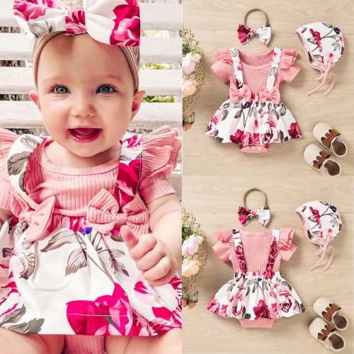 Unutiylo Preemie Newborn Baby Girl Clothes Infant Ribbed Cotton Romper Bodysuit Floral Bowknot Suspender Dress + Sun Hat + Headband Premie Spring Summer Outfits Ruffle Short Sleeve Short Set Pink