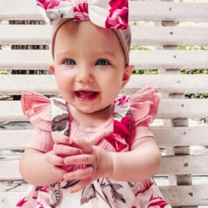 Unutiylo Preemie Newborn Baby Girl Clothes Infant Ribbed Cotton Romper Bodysuit Floral Bowknot Suspender Dress + Sun Hat + Headband Premie Spring Summer Outfits Ruffle Short Sleeve Short Set Pink