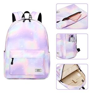 mygreen Tie Dye Girls Backpack, Kid Backpacks for Girls Cute Lightweight Bookbag with Lunch Bag Galaxy Green Purple