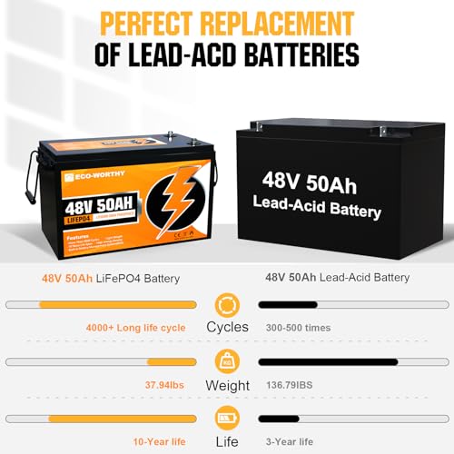 ECO-WORTHY 48V 50Ah 2560Wh Golf Cart LiFePO4 Lithium Battery, Fast Charging Battery with BMS Protection, More Efficient and Lightweight, Perfect for Most of Backup Power and Off Grid Applications