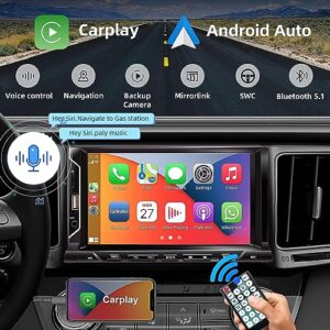 7 Inch Double Din Car Stereo Support Apple CarPlay Android Auto Mirror Link Capacitive Touchscreen Monitor Car Play Radio with Bluetooth 5.0, FM Radio, USB/TF/AUX Port, Backup Camera, Remote Control