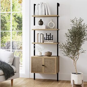 nathan james theo ladder 3 tier open bookshelf with rattan drawers and matte steel frame, light oak/black