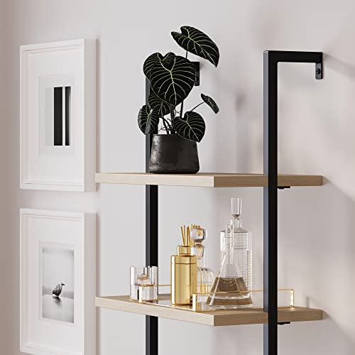 Nathan James Theo Ladder 3 tier Open Bookshelf with Rattan Drawers and Matte Steel Frame, Light Oak/Black