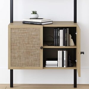 Nathan James Theo Ladder 3 tier Open Bookshelf with Rattan Drawers and Matte Steel Frame, Light Oak/Black