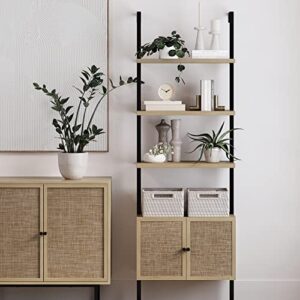 Nathan James Theo Ladder 3 tier Open Bookshelf with Rattan Drawers and Matte Steel Frame, Light Oak/Black