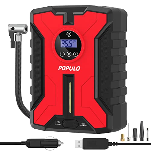 Dual-Power Cordless Tire Inflator Portable Air Compressor, Rechargeable Battery Powered Tire Pump with USB Charge, 150PSI 12V Car DC Electric Air Pump with Digital Pressure Gauge for Car, Bike, etc