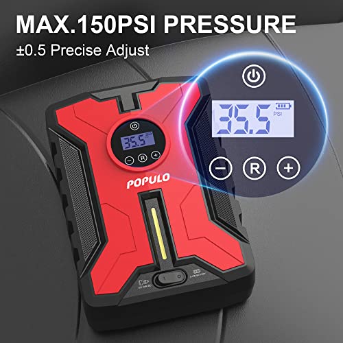 Dual-Power Cordless Tire Inflator Portable Air Compressor, Rechargeable Battery Powered Tire Pump with USB Charge, 150PSI 12V Car DC Electric Air Pump with Digital Pressure Gauge for Car, Bike, etc