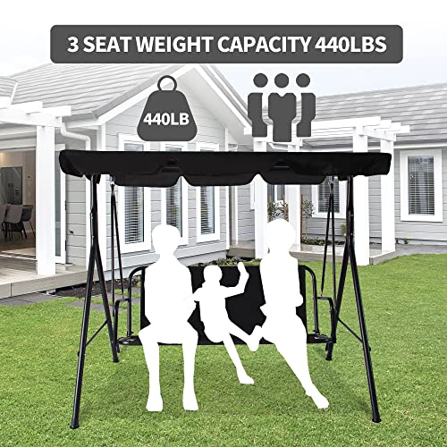 3-Seat Patio Swing Chair,Outdoor Porch Swing with Adjustable Canopy and Durable Steel Frame for Patio, Garden, Poolside (Black)