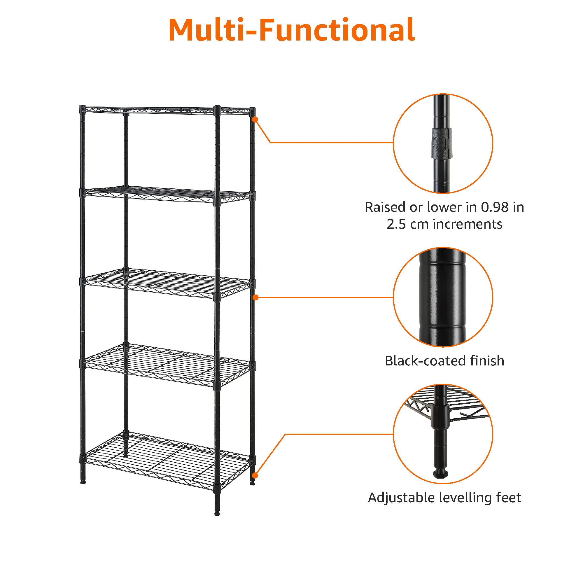 Amazon Basics 5-Shelf Adjustable Storage Shelving Unit, 200 Pound Loading Capacity per Shelf, Steel Organizer Wire Rack, 24 x 14 x 60 Inches (LxWxH), Black