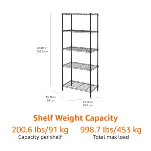Amazon Basics 5-Shelf Adjustable Storage Shelving Unit, 200 Pound Loading Capacity per Shelf, Steel Organizer Wire Rack, 24 x 14 x 60 Inches (LxWxH), Black