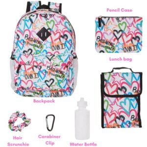 CLUB LIBBY LU Empowerment Heart Love Backpack Set for Girls, 16 inch, 6 Pieces - Includes Foldable Lunch Bag, Water Bottle, Scrunchie, & Pencil Case