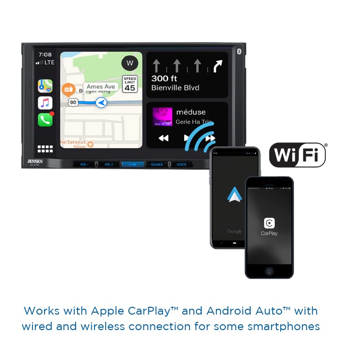 Jensen J1CA7W 7-inch Certified Apple CarPlay Android Auto Wired or Wireless | Double DIN Touchscreen Car Stereo Radio | Bluetooth | Backup Camera Input | USB Playback & Charge | Sirius XM Ready