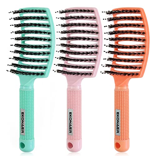 EKONAER 3 Pack Vented Quick Drying Massage Blow Detangler Brush,Boar Bristle Hair Brush Set-Curved,Detangling Hair Brush for Women Long,Thick, Thin, Curly(Green)