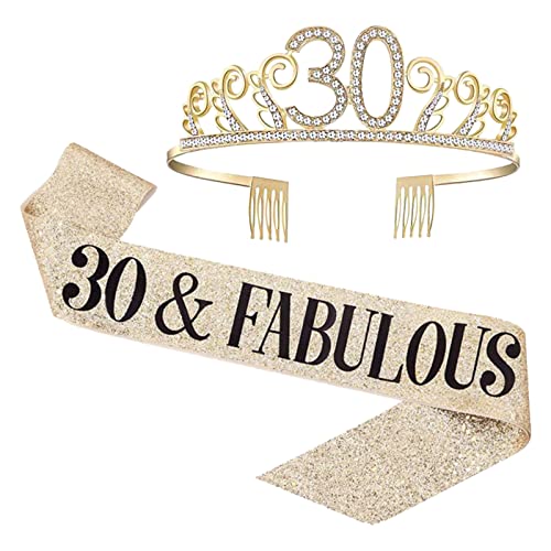 KYZCROTW 30th Birthday Gift for Women, 30th Birthday Tiara Crown, 30 & Fabulous Sash for Women 30 years old Birthday Party Decorations and Supplies, 2 pcs