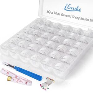 ilauke 36pcs White Sewing Thread 60WT Size A Prewound Bobbin Thread with Bobbin Case, Polyester Thread for Brother Singer BabyLock Janome Machines DIY Embroidery Thread