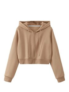 sweatyrocks women's long sleeve drawstring full zip hooded jacket crop sweatshirt khaki l