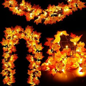 [ timer & thicker leaves ] 3 pack fall garland lights fall decoration home total 120 leaves 60led 30ft waterproof battery powered two leaves paired with each bright led halloween thanksgiving decor