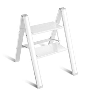 2 step ladder folding step stool auminum portable step stools for adults wideing anti-slip pedals kitchen step stool for home and kitchen white 330 lb…