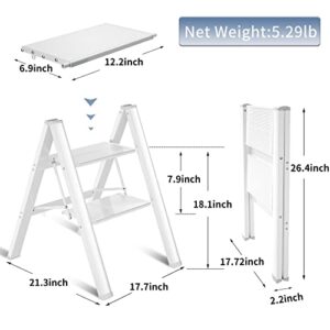 2 Step Ladder Folding Step Stool Auminum Portable Step Stools for Adults Wideing Anti-Slip Pedals Kitchen Step Stool for Home and Kitchen White 330 lb…