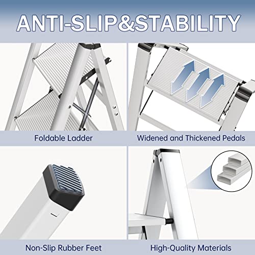 2 Step Ladder Folding Step Stool Auminum Portable Step Stools for Adults Wideing Anti-Slip Pedals Kitchen Step Stool for Home and Kitchen White 330 lb…