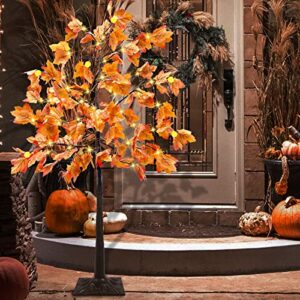 TURNMEON 4 Feet Prelit Maple Tree Fall Decorations Fall Tree Decor with Timer Pumpkin Lights 60 LED Warm Lights Acorn Brown Battery Box Thick Fall Tree Autumn Thanksgiving Indoor Outdoor Party