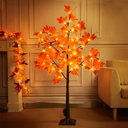 TURNMEON 4 Feet Prelit Maple Tree Fall Decorations Fall Tree Decor with Timer Pumpkin Lights 60 LED Warm Lights Acorn Brown Battery Box Thick Fall Tree Autumn Thanksgiving Indoor Outdoor Party