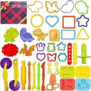 jaeespon dough play tools for kids-40pcs dough sets with dinosaur fruit roller cutter scissor and various plastic accessories molds, best toys gift for age 2-8