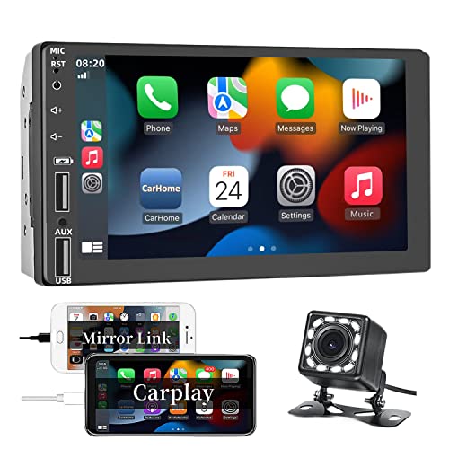 Double Din Car Stereo with Apple Carplay 7 Inch Touch Screen Radio with Bluetooth Touchscreen Auto Play Receiver with Backup Camera MP5 Audio Player Mirror Link USB AUX Head Unit System