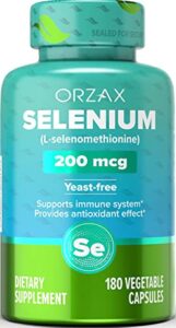orzax selenium, helps antioxidant & immune support system, selenomethionine 200mcg, thyroid support* for women and men, yeast and dairy free, 180 vegetable capsules (180 day supply)