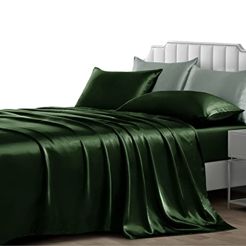NSGZ 4 Pieces Satin Sheets Queen, Silky Satin Sheet Sets with 1 Fitted Sheet, 1 Flat Sheet and 2 Pillowcases, Cooling Bed Sheet, Extra Soft Satin Fitted Sheet, Dark Green
