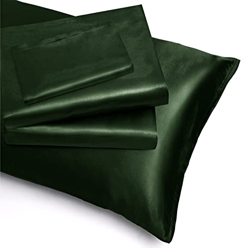 NSGZ 4 Pieces Satin Sheets Queen, Silky Satin Sheet Sets with 1 Fitted Sheet, 1 Flat Sheet and 2 Pillowcases, Cooling Bed Sheet, Extra Soft Satin Fitted Sheet, Dark Green