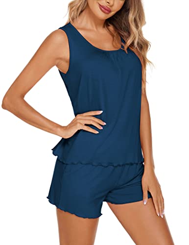 Ekouaer Pajamas Set for Women Wide Strap Lightweight Tank Top and Solid Shorts Casual Pj Sets Summer Pj Set (Cobalt Blue, S)