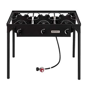 Bonnlo 3 Burner Outdoor Portable Propane Stove Gas Cooker, Heavy Duty Iron Cast Patio Burner with Detachable Stand Legs for Camp Cooking (3-Burner 225,000-BTU)
