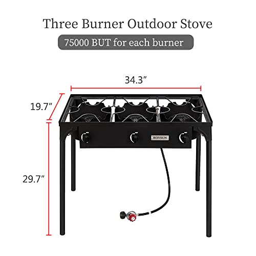 Bonnlo 3 Burner Outdoor Portable Propane Stove Gas Cooker, Heavy Duty Iron Cast Patio Burner with Detachable Stand Legs for Camp Cooking (3-Burner 225,000-BTU)