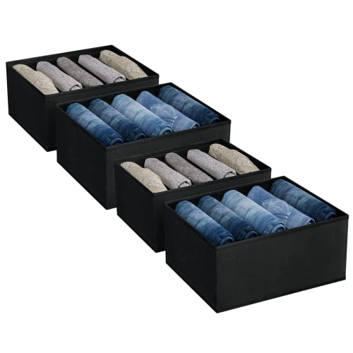 DIMJ Jeans Organizers, Wardrobe Clothes Organizer with 5 Cells, Foldable Drawer Organizers for Clothing, Fabric Closet Organizer for Clothes, Wardrobe, Drawer, 4 Packs (Black)