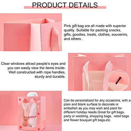 PH PandaHall 10pcs Pink Gift Bags Paper Kraft Paper Bags with Handles 10x7x5” Gift Bags with Transparent Window Kraft Shopping Bags for Party Gift Present Bouquet Wrapping Valentine