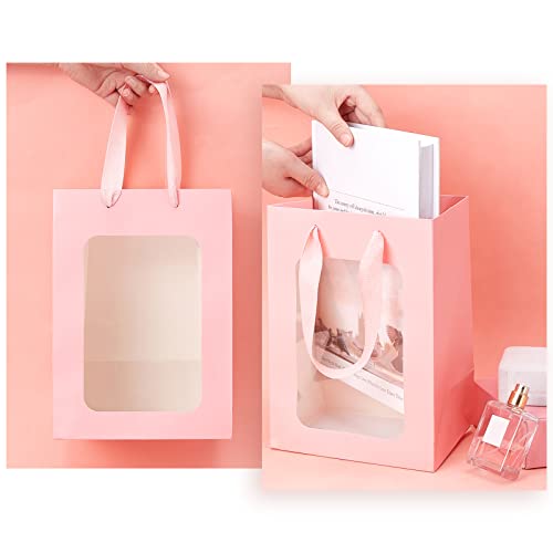 PH PandaHall 10pcs Pink Gift Bags Paper Kraft Paper Bags with Handles 10x7x5” Gift Bags with Transparent Window Kraft Shopping Bags for Party Gift Present Bouquet Wrapping Valentine