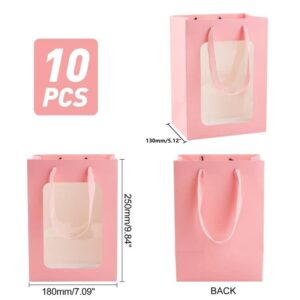 PH PandaHall 10pcs Pink Gift Bags Paper Kraft Paper Bags with Handles 10x7x5” Gift Bags with Transparent Window Kraft Shopping Bags for Party Gift Present Bouquet Wrapping Valentine