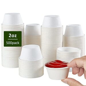 vplus 500 pack 2 oz disposable souffle cups, 100% compostable portion cups, food sample cups made from bagasse fibe, perfect for dips, jams, honey, sauces, nuts