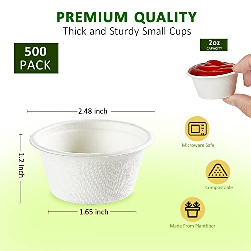 Vplus 500 Pack 2 OZ Disposable Souffle Cups, 100% Compostable Portion Cups, Food Sample Cups Made From Bagasse Fibe, Perfect For Dips, Jams, Honey, Sauces, Nuts
