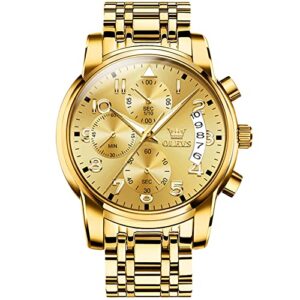 gold watch for men arabic number large face quartz wrist watches stainless steel luxury mens water resistant luminous chronograph watch calendar display classic round men's cuff watches easy read