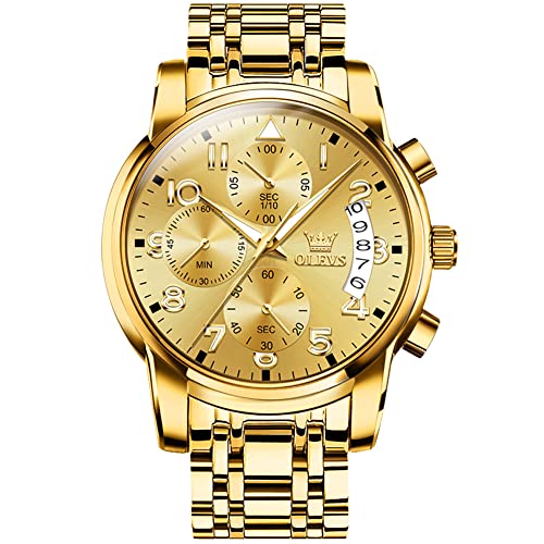 Gold Watch for Men Arabic Number Large Face Quartz Wrist Watches Stainless Steel Luxury Mens Water Resistant Luminous Chronograph Watch Calendar Display Classic Round Men's Cuff Watches Easy Read