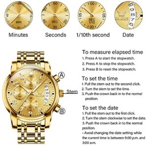 Gold Watch for Men Arabic Number Large Face Quartz Wrist Watches Stainless Steel Luxury Mens Water Resistant Luminous Chronograph Watch Calendar Display Classic Round Men's Cuff Watches Easy Read