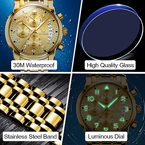 Gold Watch for Men Arabic Number Large Face Quartz Wrist Watches Stainless Steel Luxury Mens Water Resistant Luminous Chronograph Watch Calendar Display Classic Round Men's Cuff Watches Easy Read