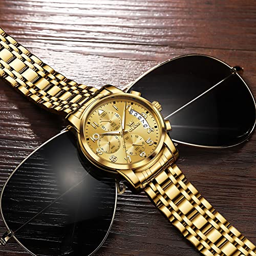 Gold Watch for Men Arabic Number Large Face Quartz Wrist Watches Stainless Steel Luxury Mens Water Resistant Luminous Chronograph Watch Calendar Display Classic Round Men's Cuff Watches Easy Read