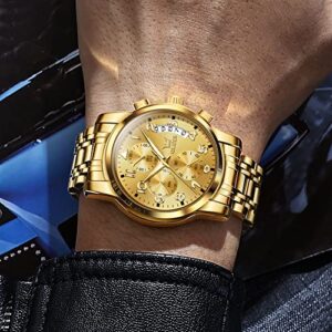 Gold Watch for Men Arabic Number Large Face Quartz Wrist Watches Stainless Steel Luxury Mens Water Resistant Luminous Chronograph Watch Calendar Display Classic Round Men's Cuff Watches Easy Read