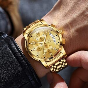 Gold Watch for Men Arabic Number Large Face Quartz Wrist Watches Stainless Steel Luxury Mens Water Resistant Luminous Chronograph Watch Calendar Display Classic Round Men's Cuff Watches Easy Read