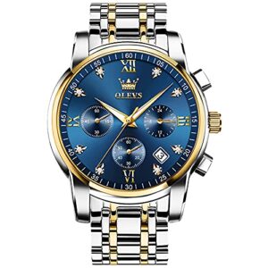 olevs blue quartz watches for men big dial analog chronograph watch easy read roman numeral mens silver gold stainless steel strap watches with date water resistant luminous hands diamond watch men
