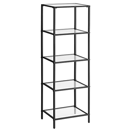 VASAGLE Bookcase, 5-Tier Bookshelf, Slim Shelving Unit for Bedroom, Bathroom, Home Office, Tempered Glass, Steel Frame, Black ULGT029B61